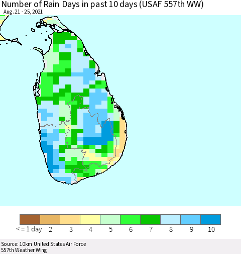 Sri Lanka Number of Rain Days in past 10 days (USAF 557th WW) Thematic Map For 8/21/2021 - 8/25/2021