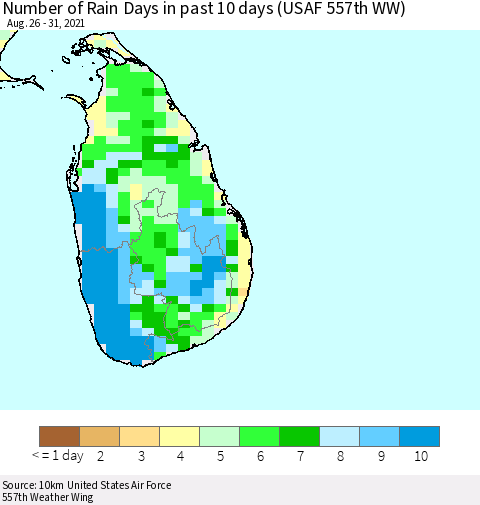 Sri Lanka Number of Rain Days in past 10 days (USAF 557th WW) Thematic Map For 8/26/2021 - 8/31/2021