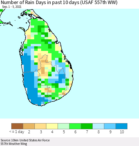 Sri Lanka Number of Rain Days in past 10 days (USAF 557th WW) Thematic Map For 9/1/2021 - 9/5/2021