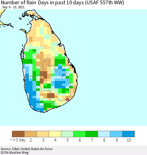 Sri Lanka Number of Rain Days in past 10 days (USAF 557th WW) Thematic Map For 9/6/2021 - 9/10/2021