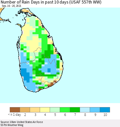 Sri Lanka Number of Rain Days in past 10 days (USAF 557th WW) Thematic Map For 9/16/2021 - 9/20/2021