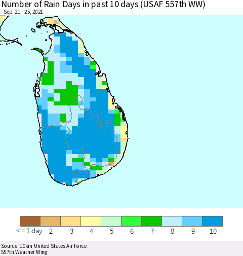 Sri Lanka Number of Rain Days in past 10 days (USAF 557th WW) Thematic Map For 9/21/2021 - 9/25/2021