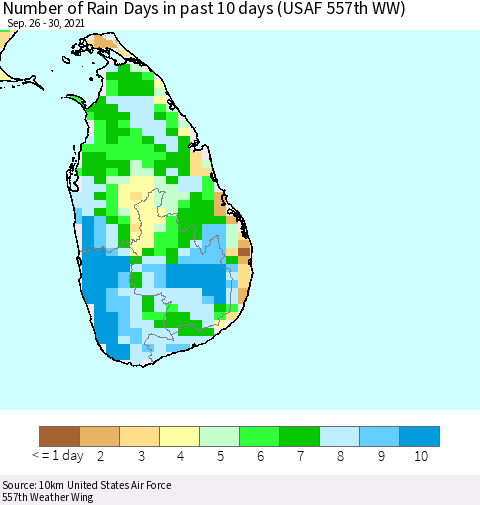 Sri Lanka Number of Rain Days in past 10 days (USAF 557th WW) Thematic Map For 9/26/2021 - 9/30/2021