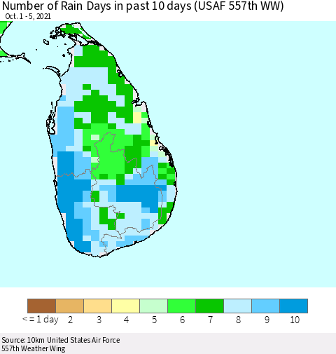 Sri Lanka Number of Rain Days in past 10 days (USAF 557th WW) Thematic Map For 10/1/2021 - 10/5/2021