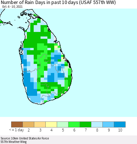 Sri Lanka Number of Rain Days in past 10 days (USAF 557th WW) Thematic Map For 10/6/2021 - 10/10/2021