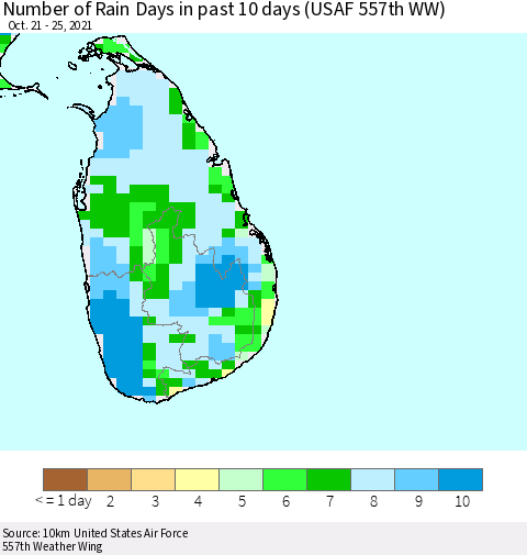 Sri Lanka Number of Rain Days in past 10 days (USAF 557th WW) Thematic Map For 10/21/2021 - 10/25/2021