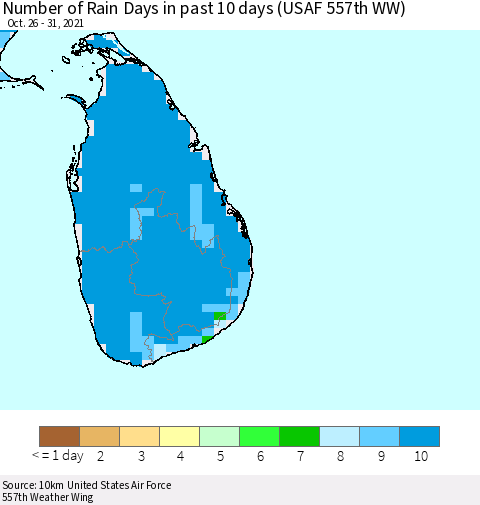 Sri Lanka Number of Rain Days in past 10 days (USAF 557th WW) Thematic Map For 10/26/2021 - 10/31/2021