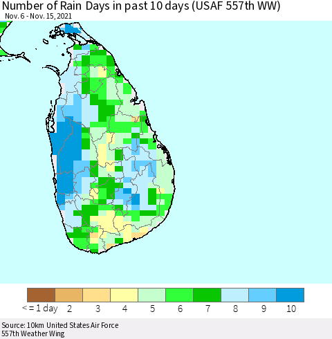 Sri Lanka Number of Rain Days in past 10 days (USAF 557th WW) Thematic Map For 11/11/2021 - 11/15/2021