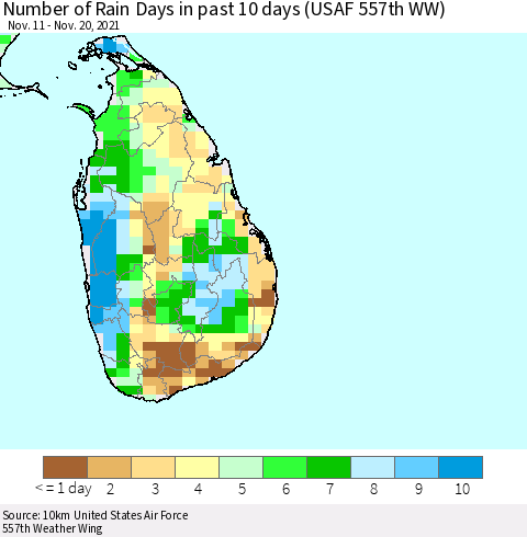 Sri Lanka Number of Rain Days in past 10 days (USAF 557th WW) Thematic Map For 11/16/2021 - 11/20/2021