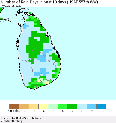 Sri Lanka Number of Rain Days in past 10 days (USAF 557th WW) Thematic Map For 11/21/2021 - 11/25/2021