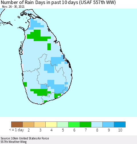 Sri Lanka Number of Rain Days in past 10 days (USAF 557th WW) Thematic Map For 11/26/2021 - 11/30/2021