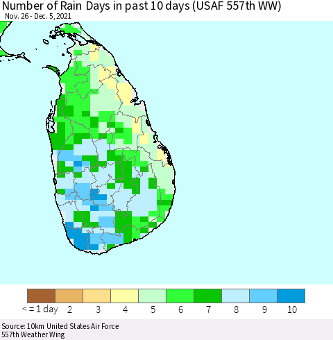 Sri Lanka Number of Rain Days in past 10 days (USAF 557th WW) Thematic Map For 12/1/2021 - 12/5/2021
