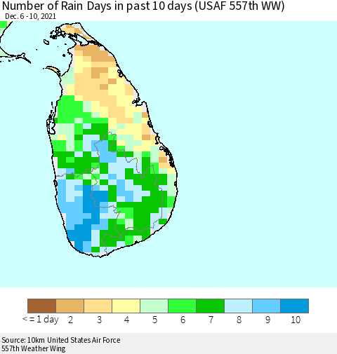 Sri Lanka Number of Rain Days in past 10 days (USAF 557th WW) Thematic Map For 12/6/2021 - 12/10/2021