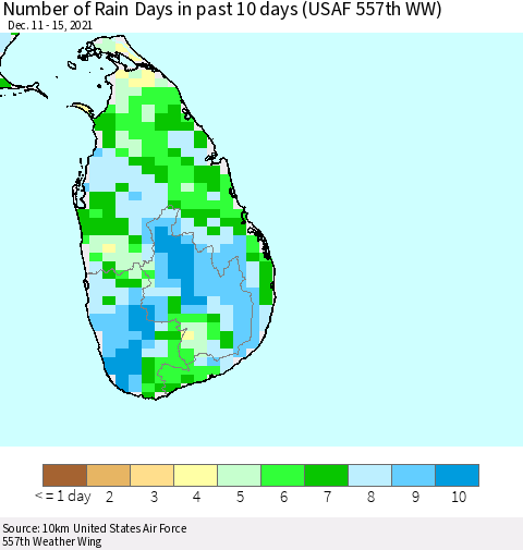 Sri Lanka Number of Rain Days in past 10 days (USAF 557th WW) Thematic Map For 12/11/2021 - 12/15/2021