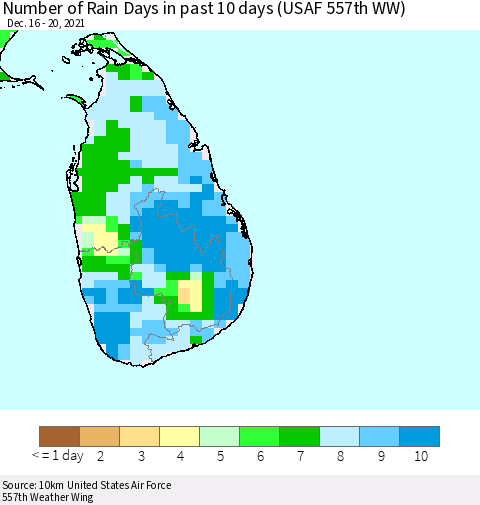 Sri Lanka Number of Rain Days in past 10 days (USAF 557th WW) Thematic Map For 12/16/2021 - 12/20/2021