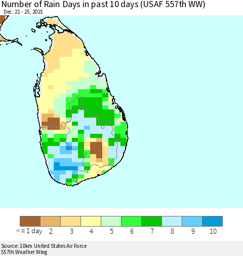 Sri Lanka Number of Rain Days in past 10 days (USAF 557th WW) Thematic Map For 12/21/2021 - 12/25/2021