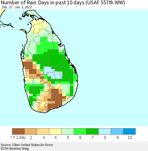 Sri Lanka Number of Rain Days in past 10 days (USAF 557th WW) Thematic Map For 1/1/2022 - 1/5/2022