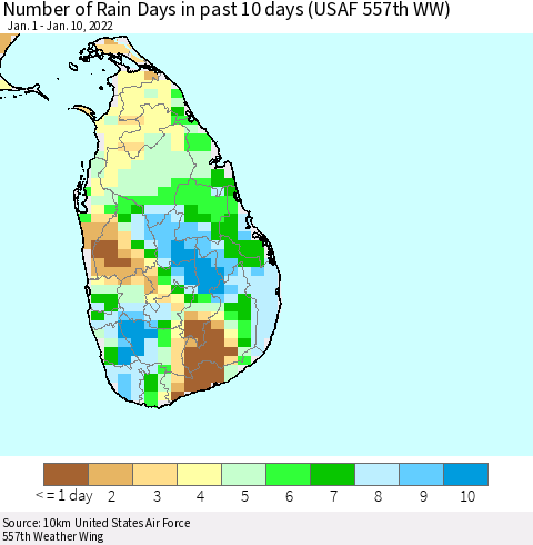 Sri Lanka Number of Rain Days in past 10 days (USAF 557th WW) Thematic Map For 1/6/2022 - 1/10/2022