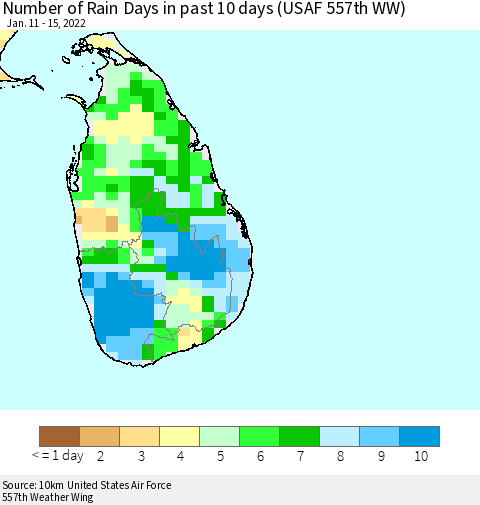 Sri Lanka Number of Rain Days in past 10 days (USAF 557th WW) Thematic Map For 1/11/2022 - 1/15/2022