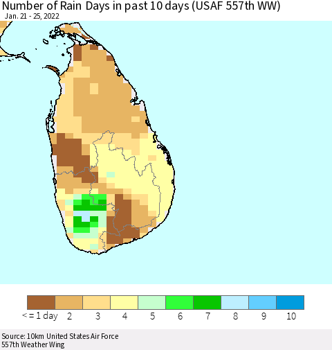 Sri Lanka Number of Rain Days in past 10 days (USAF 557th WW) Thematic Map For 1/21/2022 - 1/25/2022