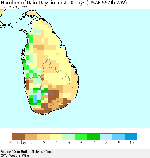 Sri Lanka Number of Rain Days in past 10 days (USAF 557th WW) Thematic Map For 1/26/2022 - 1/31/2022