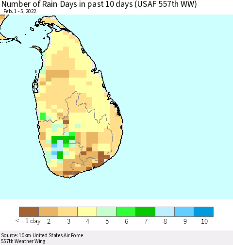 Sri Lanka Number of Rain Days in past 10 days (USAF 557th WW) Thematic Map For 2/1/2022 - 2/5/2022