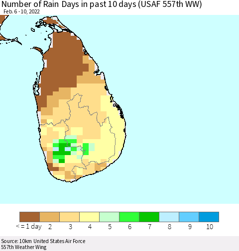 Sri Lanka Number of Rain Days in past 10 days (USAF 557th WW) Thematic Map For 2/6/2022 - 2/10/2022