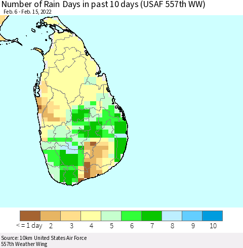 Sri Lanka Number of Rain Days in past 10 days (USAF 557th WW) Thematic Map For 2/11/2022 - 2/15/2022