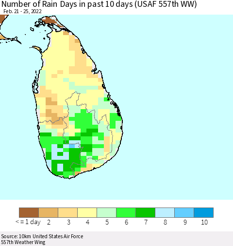 Sri Lanka Number of Rain Days in past 10 days (USAF 557th WW) Thematic Map For 2/21/2022 - 2/25/2022