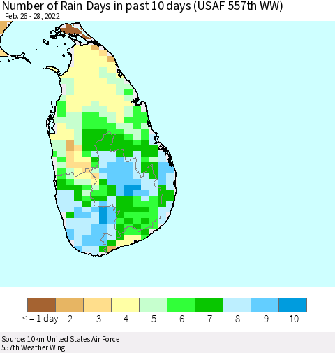 Sri Lanka Number of Rain Days in past 10 days (USAF 557th WW) Thematic Map For 2/26/2022 - 2/28/2022