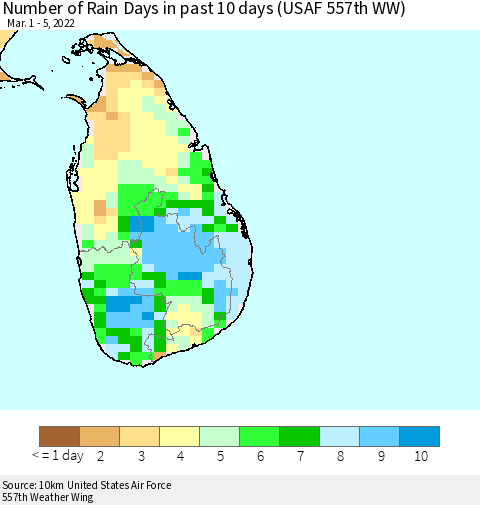 Sri Lanka Number of Rain Days in past 10 days (USAF 557th WW) Thematic Map For 3/1/2022 - 3/5/2022