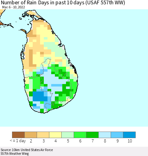 Sri Lanka Number of Rain Days in past 10 days (USAF 557th WW) Thematic Map For 3/6/2022 - 3/10/2022