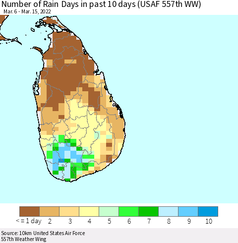 Sri Lanka Number of Rain Days in past 10 days (USAF 557th WW) Thematic Map For 3/11/2022 - 3/15/2022