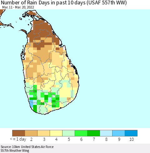 Sri Lanka Number of Rain Days in past 10 days (USAF 557th WW) Thematic Map For 3/16/2022 - 3/20/2022
