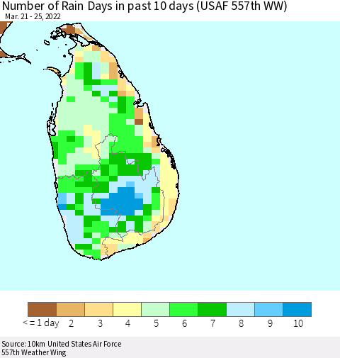 Sri Lanka Number of Rain Days in past 10 days (USAF 557th WW) Thematic Map For 3/21/2022 - 3/25/2022