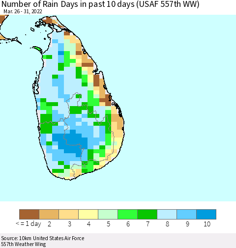 Sri Lanka Number of Rain Days in past 10 days (USAF 557th WW) Thematic Map For 3/26/2022 - 3/31/2022