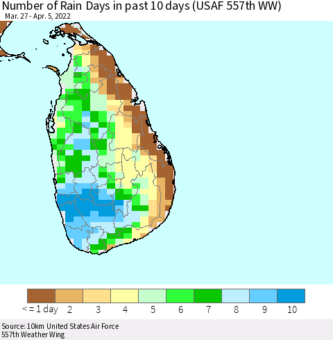 Sri Lanka Number of Rain Days in past 10 days (USAF 557th WW) Thematic Map For 4/1/2022 - 4/5/2022