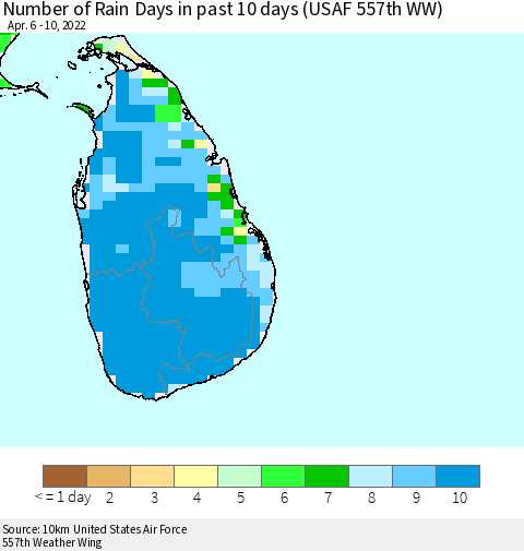 Sri Lanka Number of Rain Days in past 10 days (USAF 557th WW) Thematic Map For 4/6/2022 - 4/10/2022