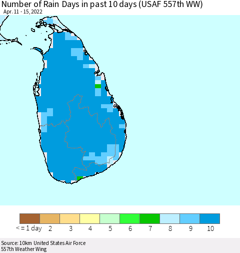 Sri Lanka Number of Rain Days in past 10 days (USAF 557th WW) Thematic Map For 4/11/2022 - 4/15/2022