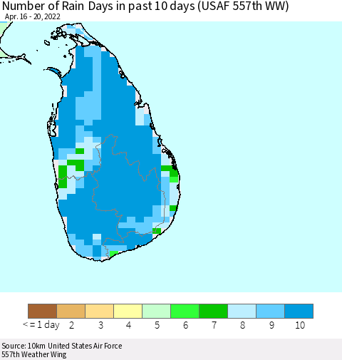 Sri Lanka Number of Rain Days in past 10 days (USAF 557th WW) Thematic Map For 4/16/2022 - 4/20/2022