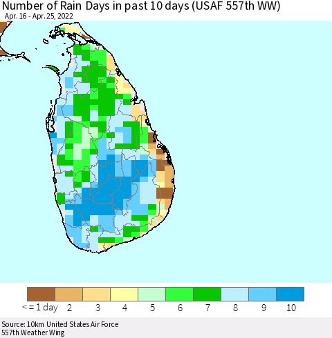 Sri Lanka Number of Rain Days in past 10 days (USAF 557th WW) Thematic Map For 4/21/2022 - 4/25/2022