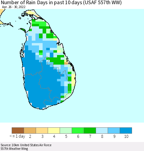 Sri Lanka Number of Rain Days in past 10 days (USAF 557th WW) Thematic Map For 4/26/2022 - 4/30/2022