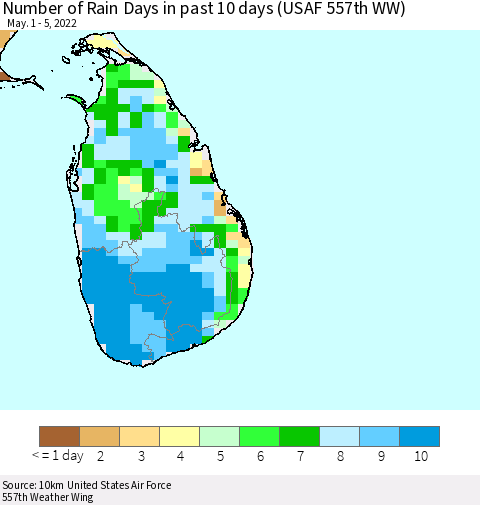 Sri Lanka Number of Rain Days in past 10 days (USAF 557th WW) Thematic Map For 5/1/2022 - 5/5/2022