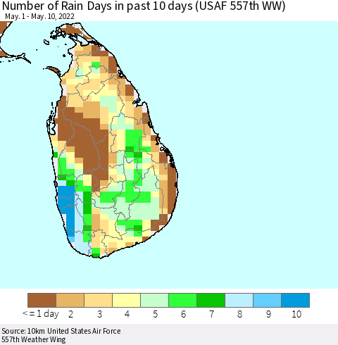Sri Lanka Number of Rain Days in past 10 days (USAF 557th WW) Thematic Map For 5/6/2022 - 5/10/2022