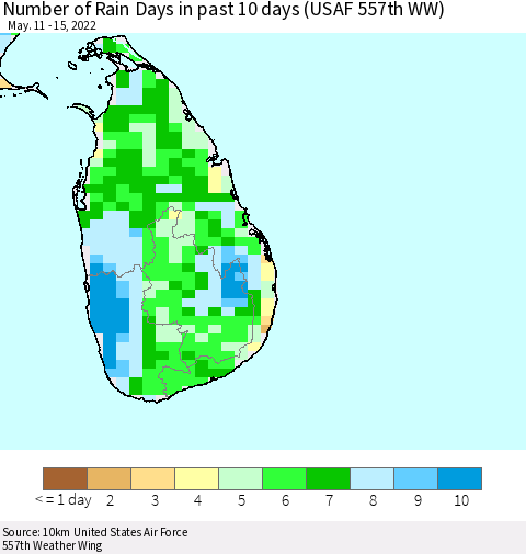 Sri Lanka Number of Rain Days in past 10 days (USAF 557th WW) Thematic Map For 5/11/2022 - 5/15/2022