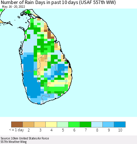 Sri Lanka Number of Rain Days in past 10 days (USAF 557th WW) Thematic Map For 5/16/2022 - 5/20/2022