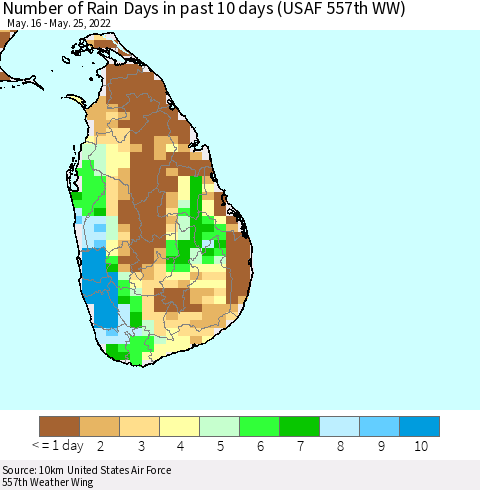 Sri Lanka Number of Rain Days in past 10 days (USAF 557th WW) Thematic Map For 5/21/2022 - 5/25/2022