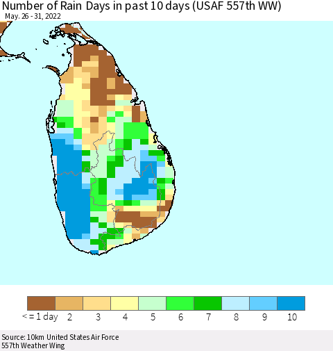 Sri Lanka Number of Rain Days in past 10 days (USAF 557th WW) Thematic Map For 5/26/2022 - 5/31/2022