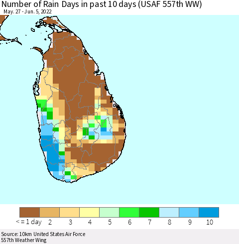 Sri Lanka Number of Rain Days in past 10 days (USAF 557th WW) Thematic Map For 6/1/2022 - 6/5/2022