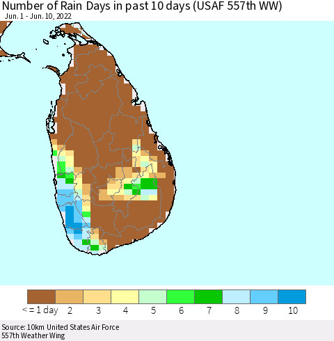 Sri Lanka Number of Rain Days in past 10 days (USAF 557th WW) Thematic Map For 6/6/2022 - 6/10/2022
